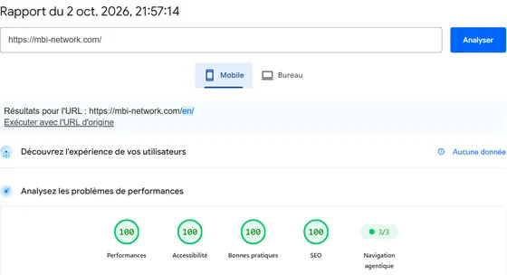 Screenshot des PageSpeed-Insights-Berichts für mbi-network.com: 100 in Leistung, Barrierefreiheit, Best Practices und SEO