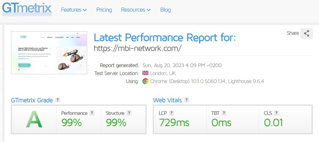 rapport-vitesse-site-performance-webdesign-gtmetrix-mbi-network-seo-et-digital-marketing-vitesse 99 sur 100